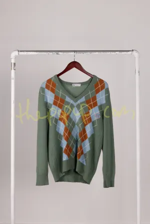 90's Lanvin 'Argyle V-Neck' Sweater Green