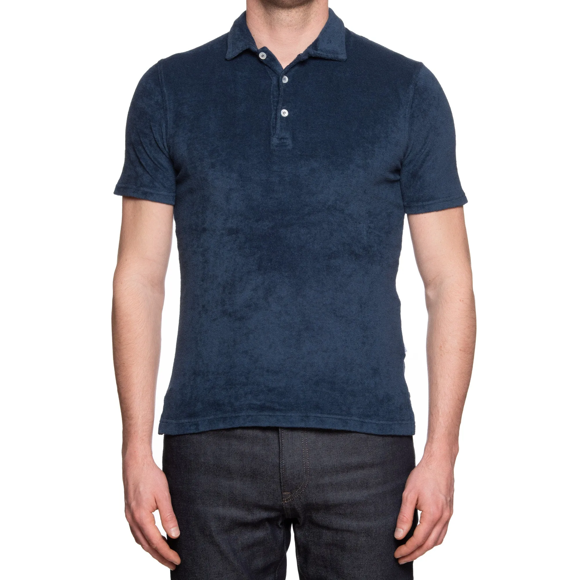 FEDELI Mondial Dark Blue Terry Cloth Polo Shirt EU 46 NEW US XS Slim Fit