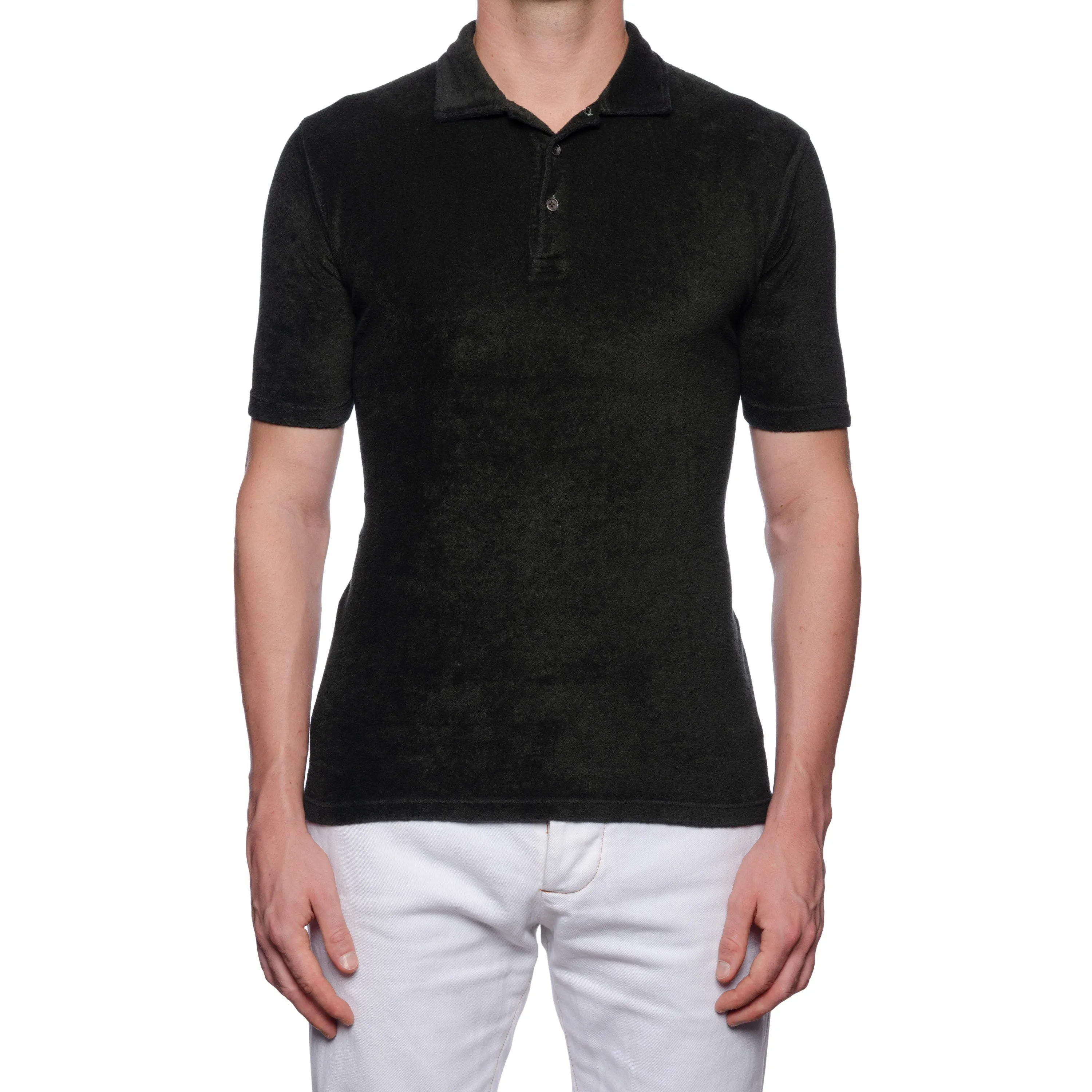 FEDELI Mondial Dark Green Terry Cloth Short Sleeve Polo Shirt EU 46 NEW US XS