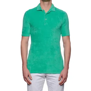 FEDELI Mondial Green Terry Cloth Short Sleeve Polo Shirt EU 48 NEW US S Slim Fit