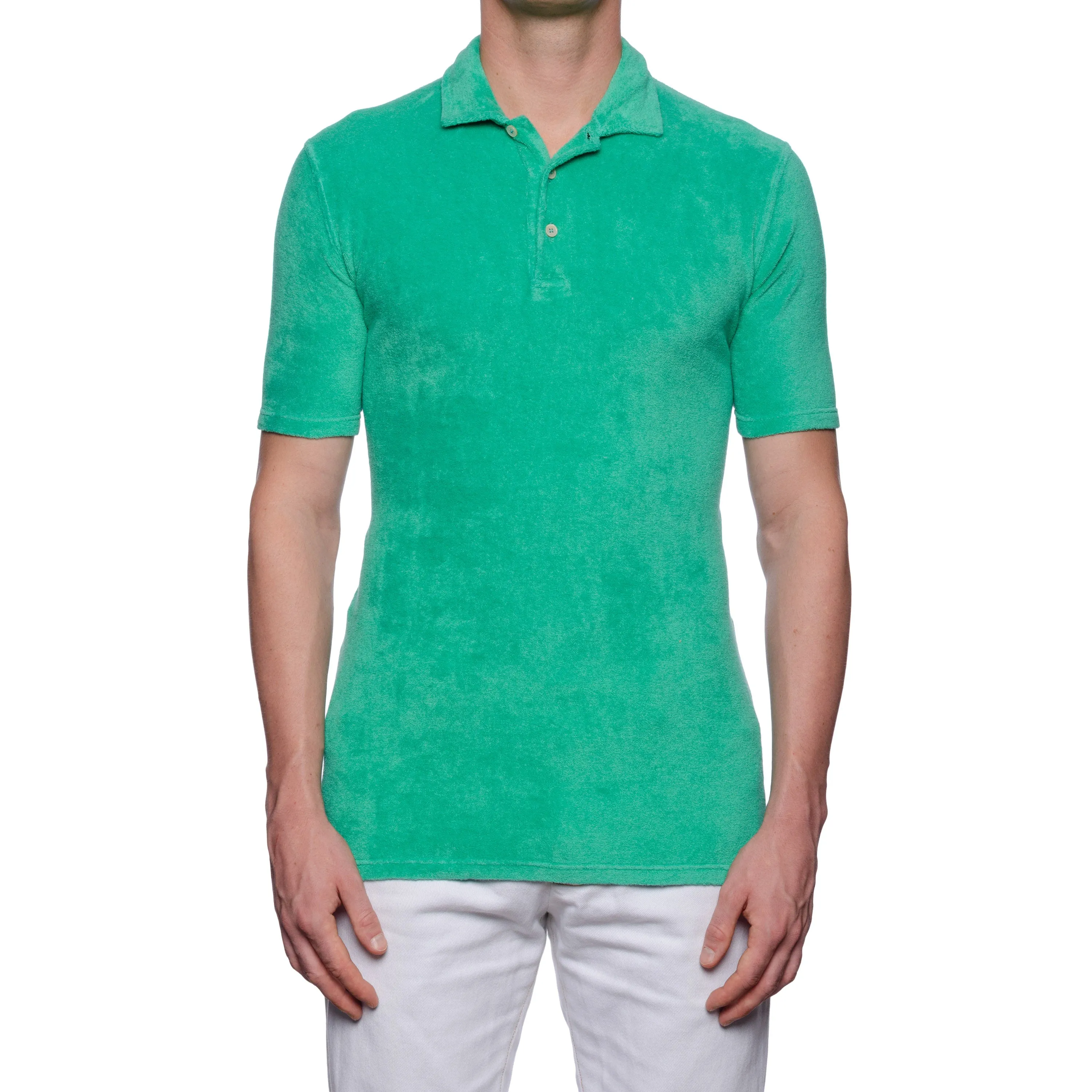 FEDELI Mondial Green Terry Cloth Short Sleeve Polo Shirt EU 48 NEW US S Slim Fit