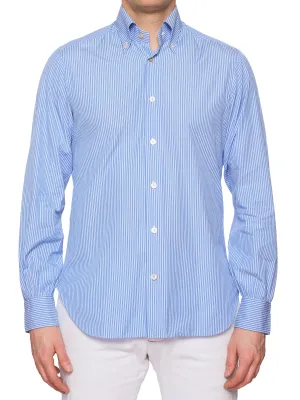 KITON Bespoke Handmade Blue Striped Cotton Button-Down Dress Shirt EU 39 US 15.5