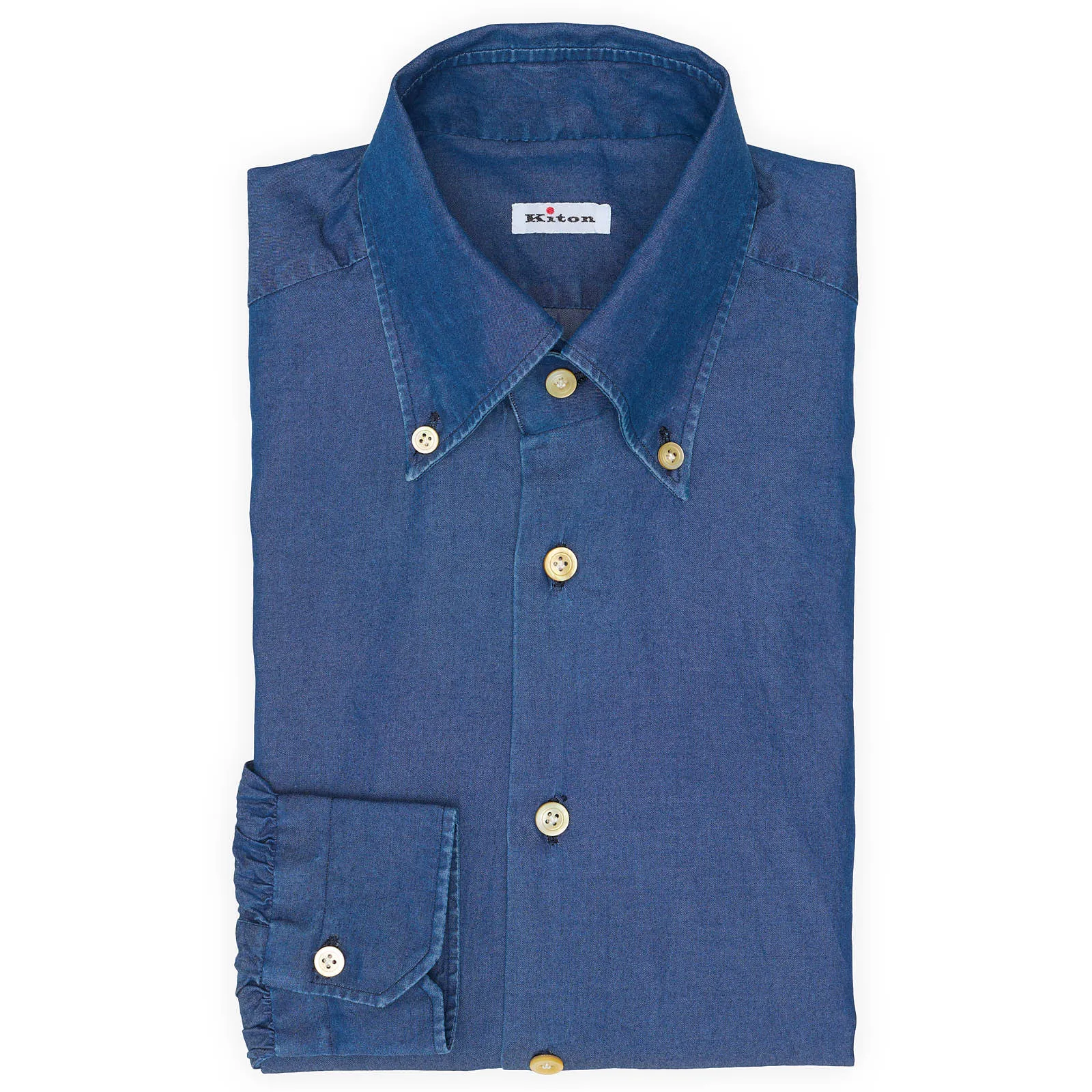KITON Napoli Handmade Blue Denim Cotton Button-Down Shirt EU 39 NEW US 15.5