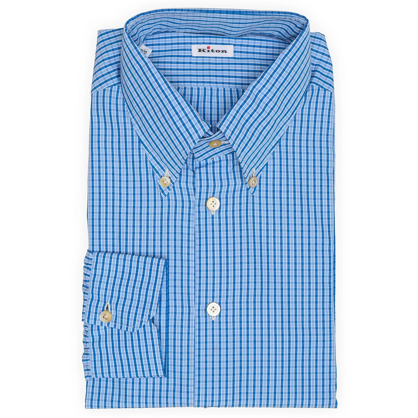 KITON Napoli Handmade Blue Plaid Poplin Cotton Dress Shirt EU 45 NEW US 18