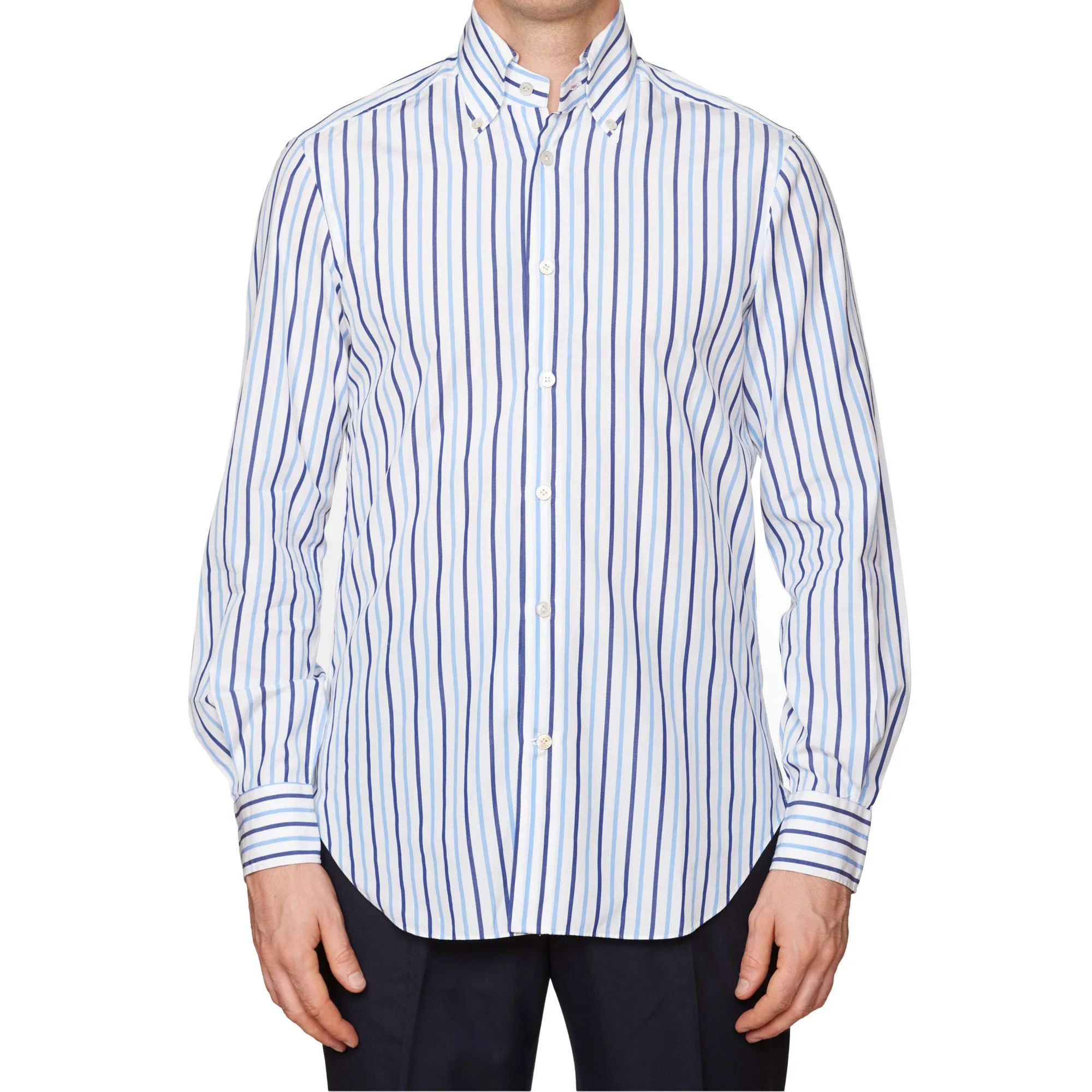KITON Napoli Handmade Blue Striped Cotton Button-Down Dress Shirt EU 39 NEW US 15.5