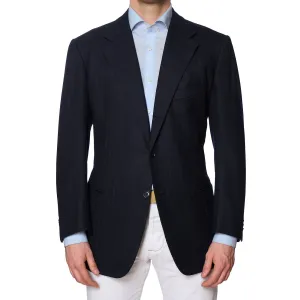 RUBINACCI LH Bespoke Navy Blue Flannel Herringbone Wool Jacket EU 52 US 42