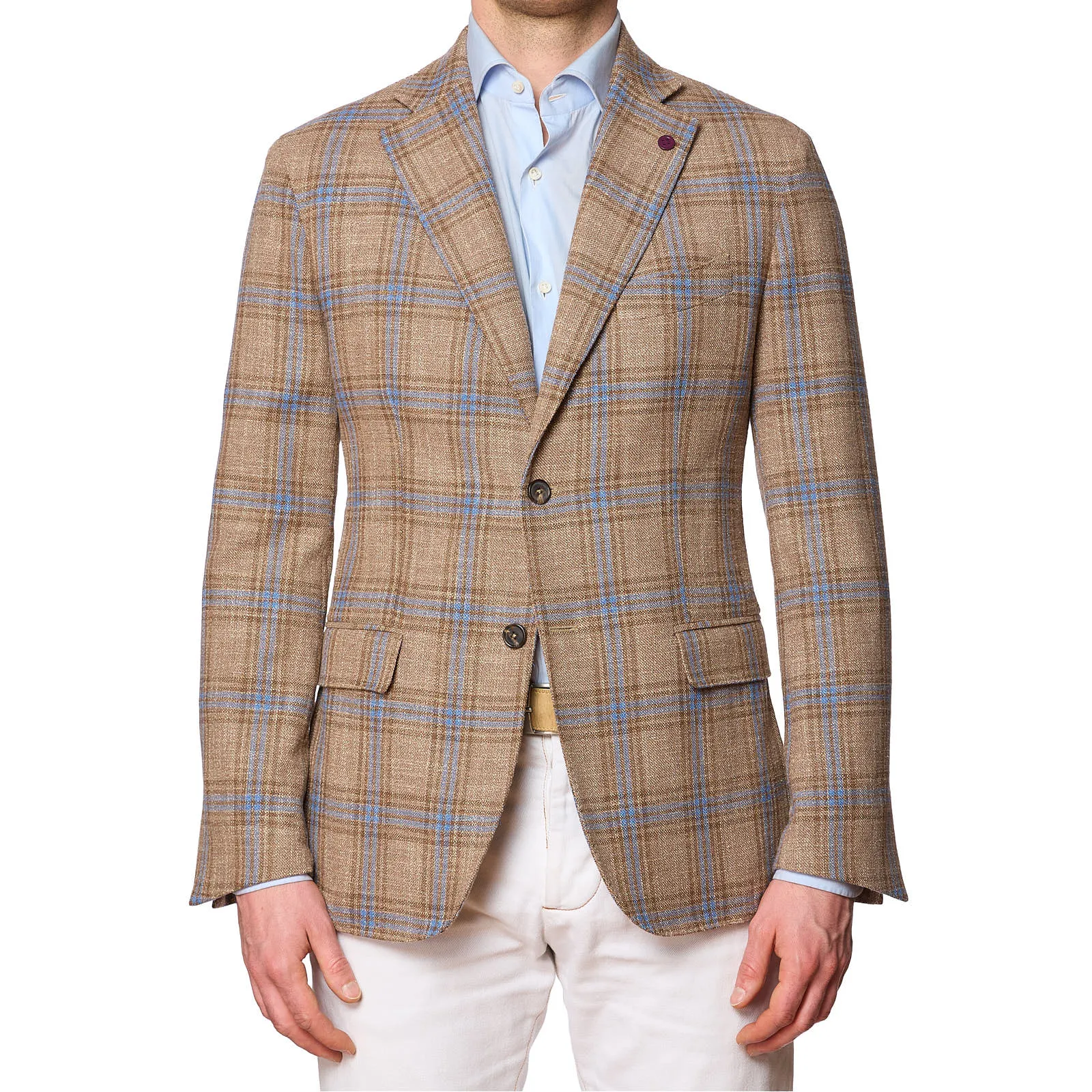 SARTORIA PARTENOPEA Beige-Blue Plaid Wool-Silk Jacket NEW Current Model